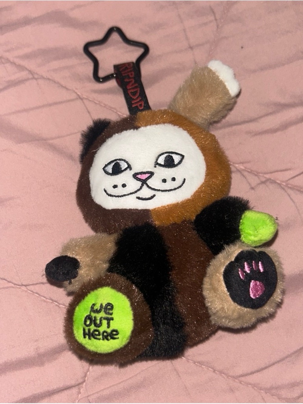 Ripndip Brown Black Tan Plush Cat Keychain with Neon Green Accents